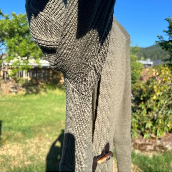 SOFT SURROUNDINGS ~ Green Asymmetric Cable Knit Wool Blend Cardigan with Clasp - Picture 9 of 12
